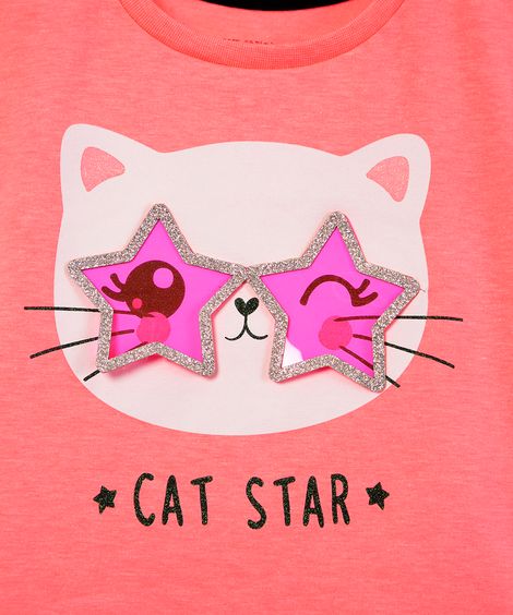 blusa cropped infantil manga curta com babados estampa interativa de gatinho com óculos rosa neon