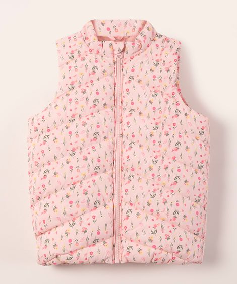 colete puffer de nylon infantil floral rosa claro