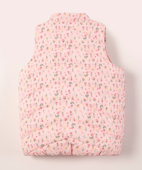 colete puffer de nylon infantil floral rosa claro