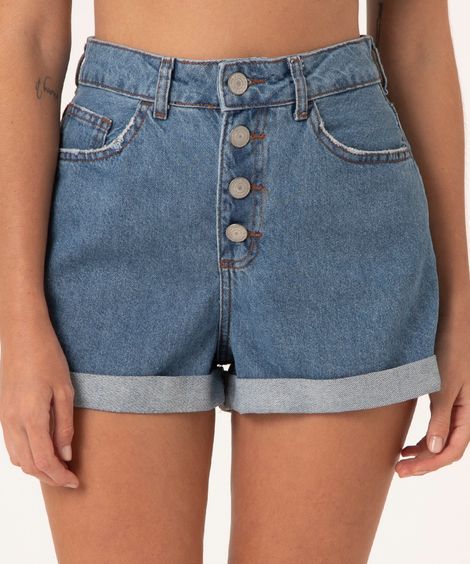 Short Mom com Botões e Barra Dobrada Cintura Super Alta Azul Claro