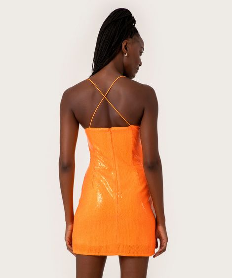 vestido de paetês com fenda laranja neon