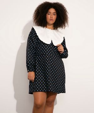 vestido plus size poá gola oversized mindset  preto