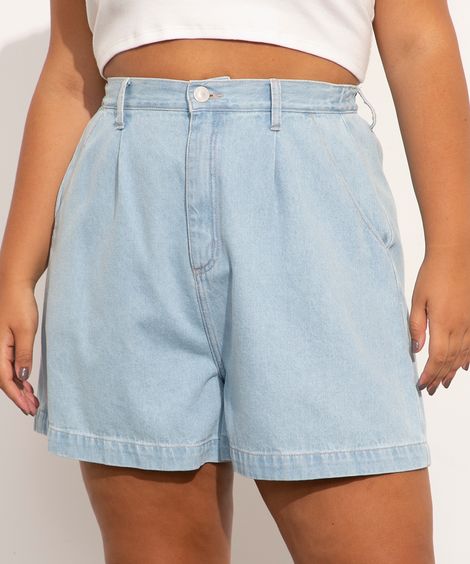 Bermuda Plus Size Slouchy Barcelona Jeans com Pregas Cintura Alta Mindset Azul Claro