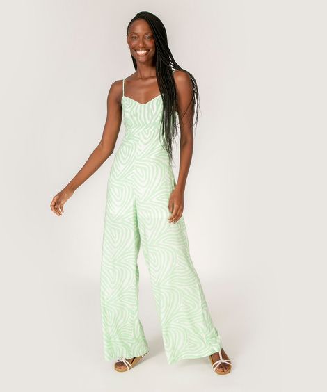 macacão wide leg de viscose alça fina decote v cut out com amarração estampa psicodélica verde claro