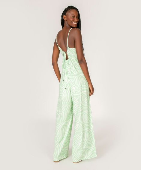 macacão wide leg de viscose alça fina decote v cut out com amarração estampa psicodélica verde claro