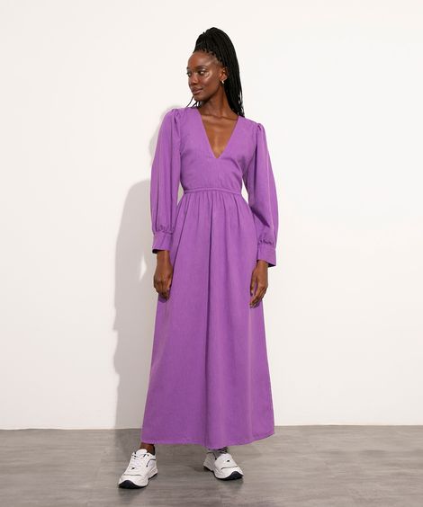 vestido longo manga bufante decote v mindset roxo
