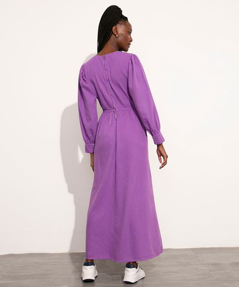 vestido longo manga bufante decote v mindset roxo