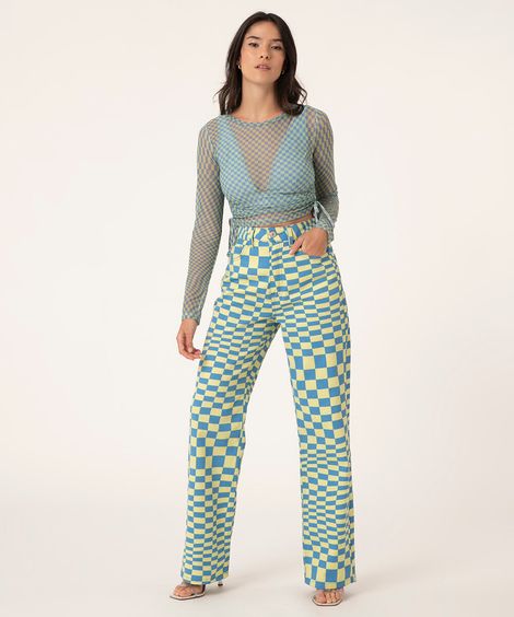 calça wide cintura super alta quadriculada verde