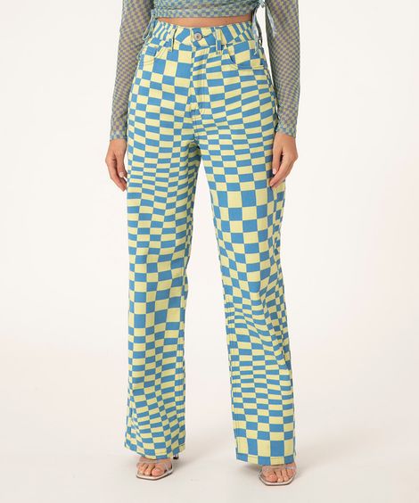 calça wide cintura super alta quadriculada verde