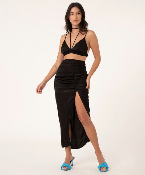 saia midi franzido e fenda lateral  preto