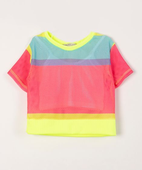blusa manga curta em tela neon multicor