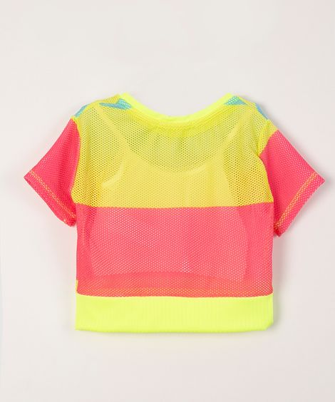 blusa manga curta em tela neon multicor
