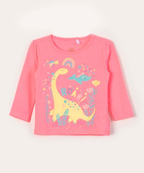 blusa manga longa dinossauro com glitter rosa neon