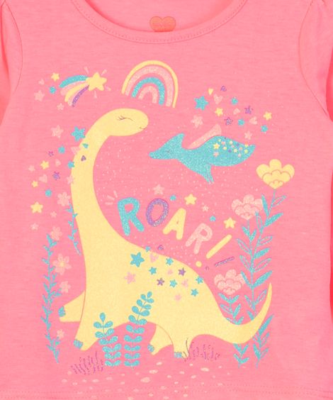blusa manga longa dinossauro com glitter rosa neon