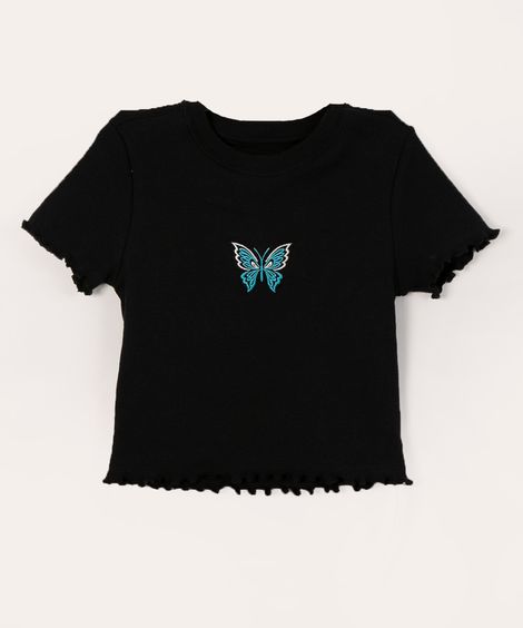 blusa juvenil manga curta bordado borboleta preto