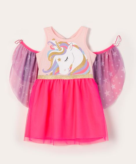 vestido regata unicórnio com asa de tule rosa