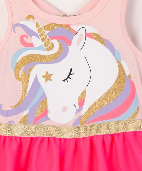 vestido regata unicórnio com asa de tule rosa