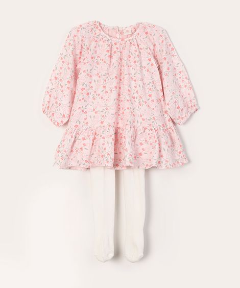 vestido de viscose manga longa floral + meia calça rosa claro