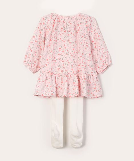 vestido de viscose manga longa floral + meia calça rosa claro