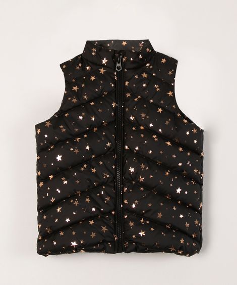 colete infantil puffer estrelas preto