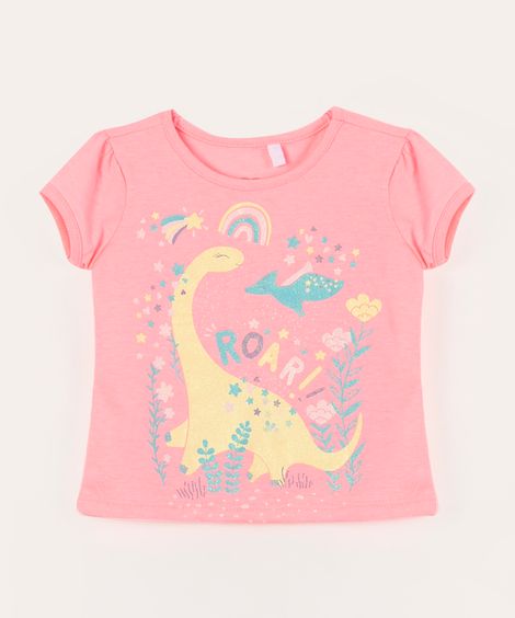 blusa infantil manga curta dinossauros  rosa neon