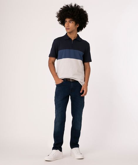 calça jeans slim com cinto azul escuro