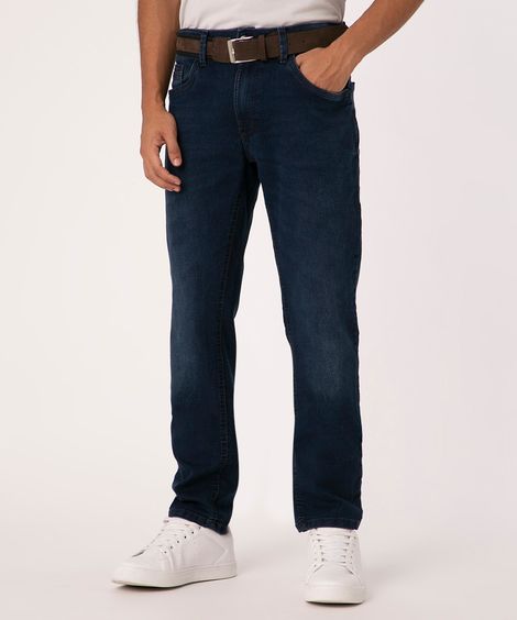 calça jeans slim com cinto azul escuro