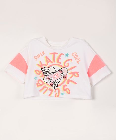 blusa infantil manga curta skate paetê off white