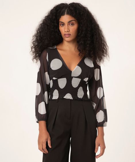 blusa de tule poá manga 7/8 preta