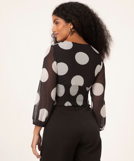blusa de tule poá manga 7/8 preta
