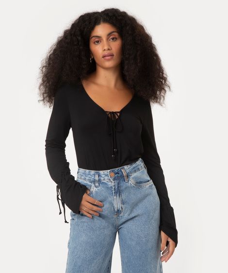 blusa manga longa com amarração preta