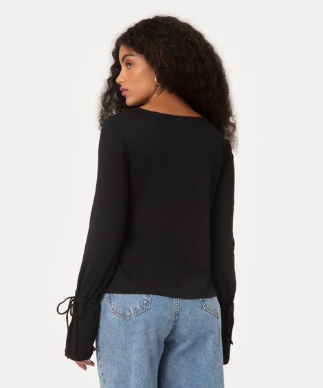 blusa manga longa com amarração preta