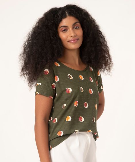 camiseta de algodão flamê folhagens verde militar