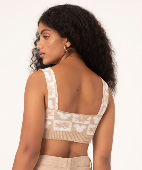 top cropped de tricô quadriculado mickey kaki