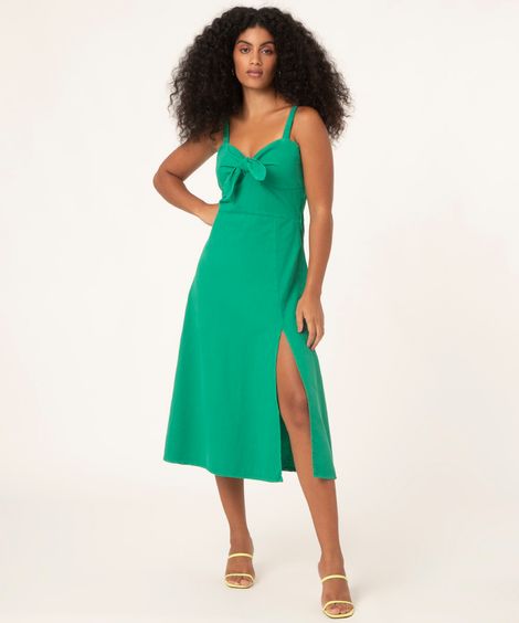 vestido midi de sarja com nó e fenda verde