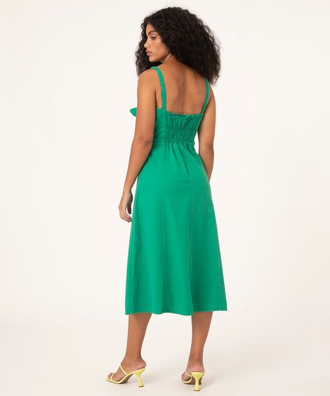 vestido midi de sarja com nó e fenda verde