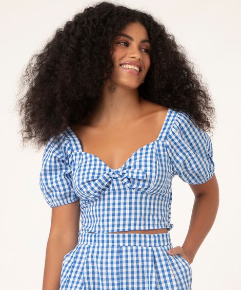 top cropped xadrez vichy com nó azul