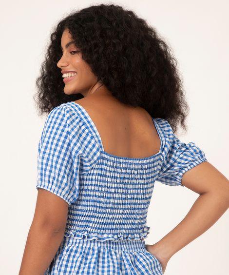 top cropped xadrez vichy com nó azul