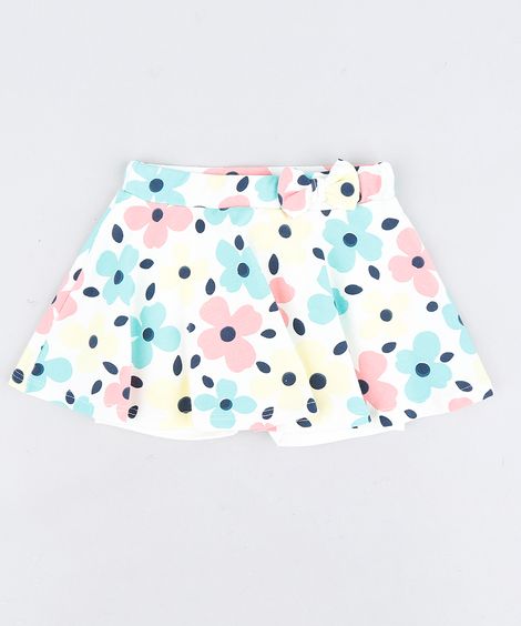 Short Saia Infantil Estampado Floral com Laço Off White