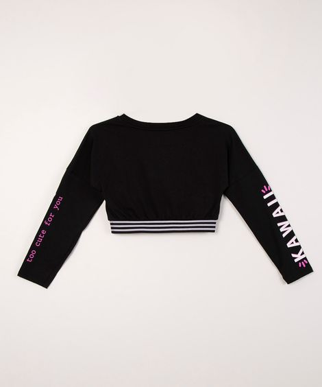 blusa juvenil cropped manga longa ideogramas paetê preto