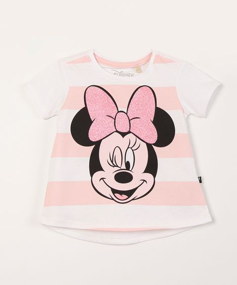 Blusa Infantil Minnie Listrada com Glitter Manga Curta Off white
