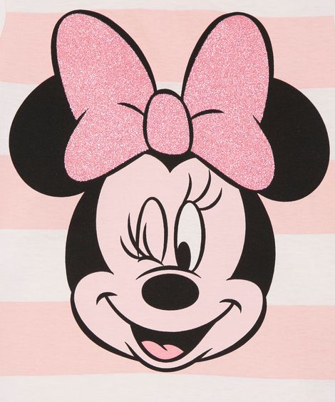 Blusa Infantil Minnie Listrada com Glitter Manga Curta Off white