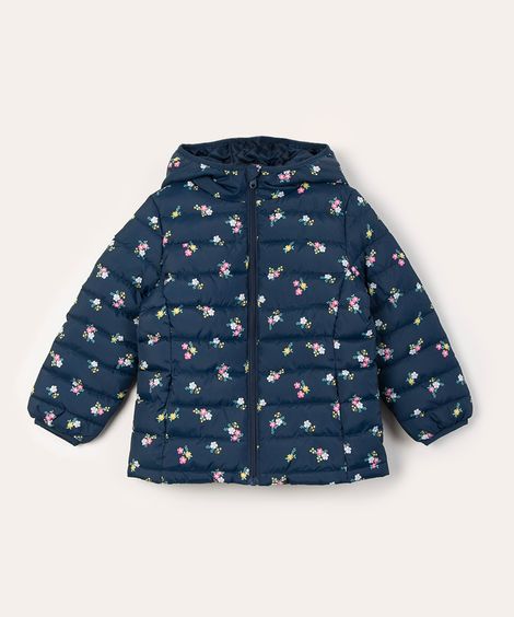 jaqueta infantil puff com capuz e bolso floral azul marinho