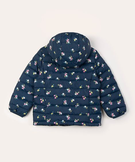 jaqueta infantil puff com capuz e bolso floral azul marinho