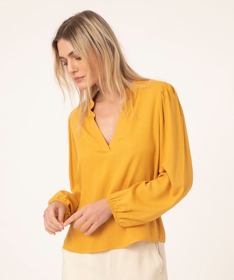 camisa de viscose manga bufante mostarda