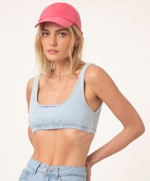 top cropped jeans alça média azul claro