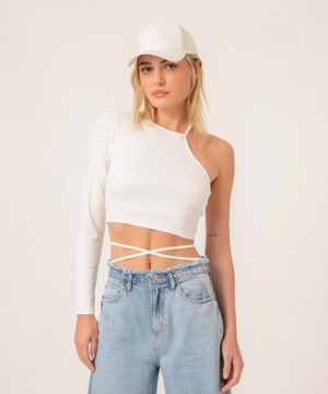 blusa cropped canelada amarração  off white