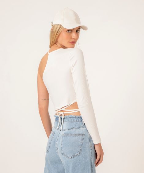 blusa cropped canelada amarração  off white