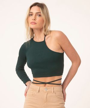 blusa cropped canelada amarração  verde escuro