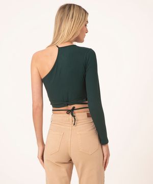 blusa cropped canelada amarração  verde escuro